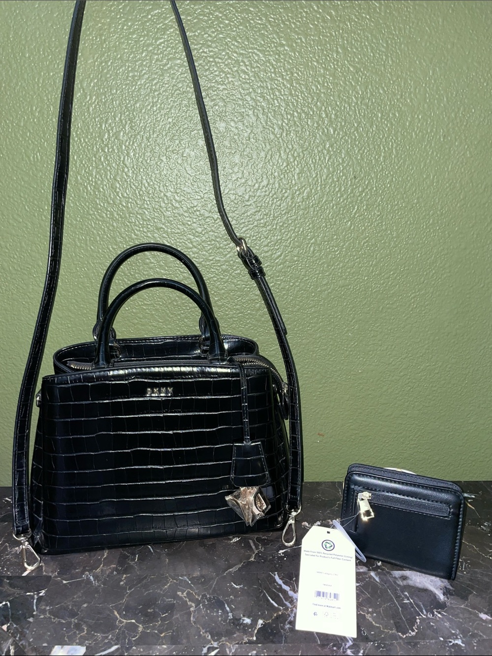 DKNY Black Croc-Embossed Leather Satchel with Wallet and Strap